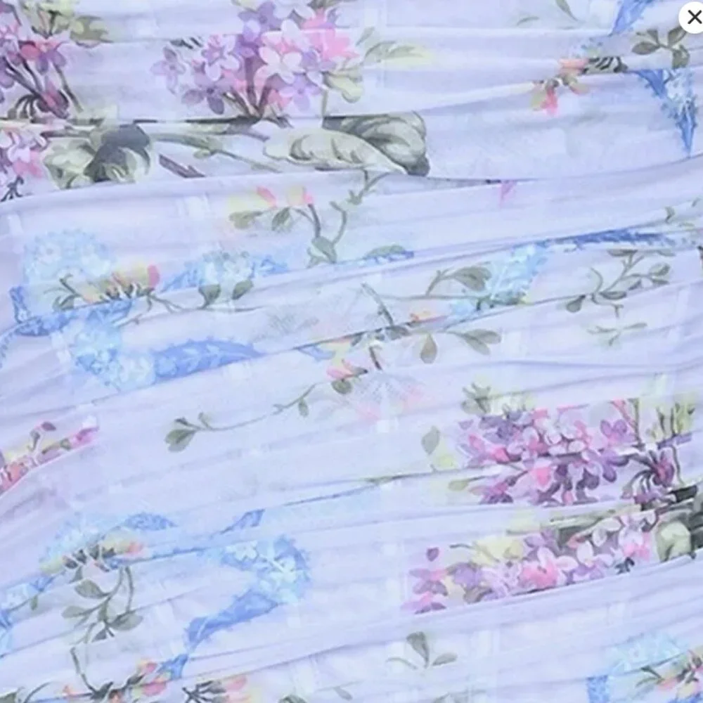 House of CB Lini Blue Chiffon Floral and Bow Bodycon Corset Maxi Dress - Picture 2 of 5